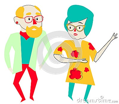 Illustration with a granny, grandmother in yellow glasses and a dress Vector Illustration